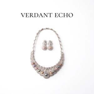 Artificial colored pearl silver necklace and earring set-2